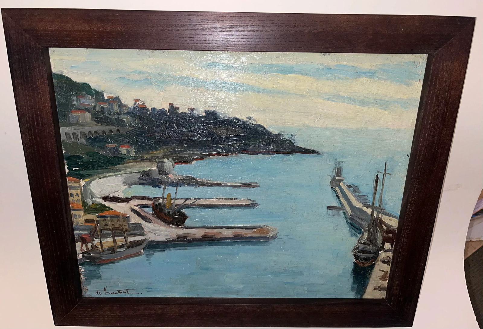 Vintage Framed Double-Sided Painting with Marina Harbor Scene and a Family Portrait - 3