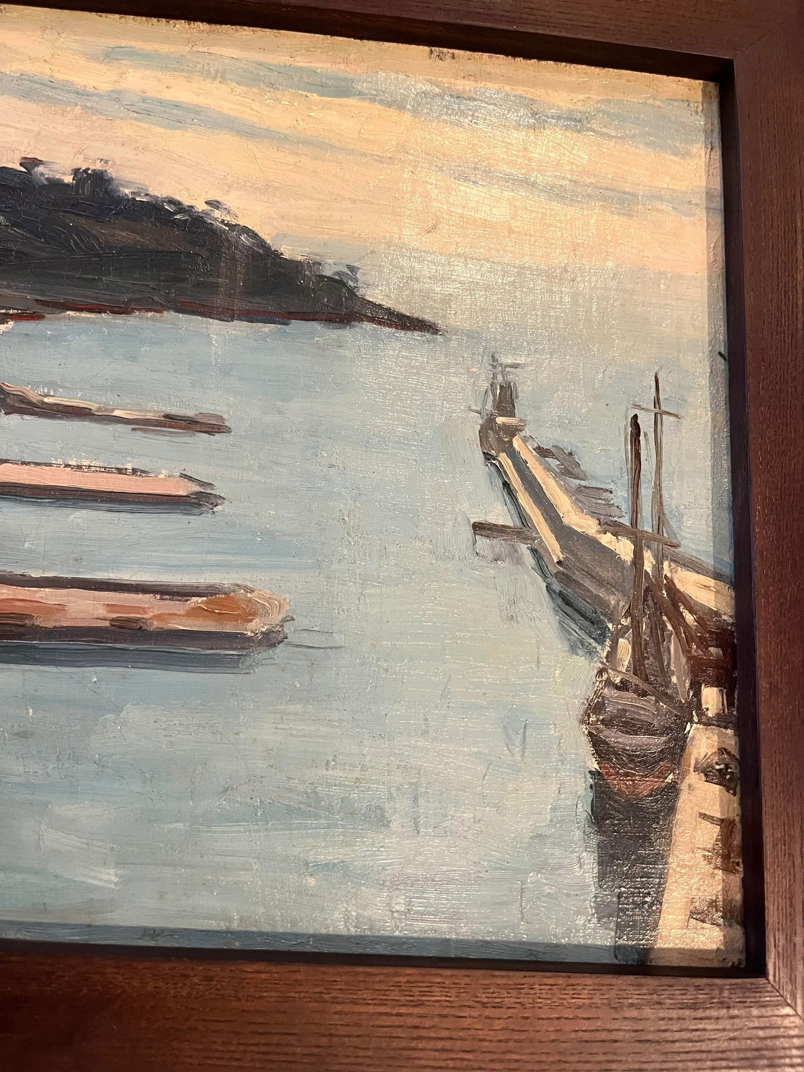 Vintage Framed Double-Sided Painting with Marina Harbor Scene and a Family Portrait - 4