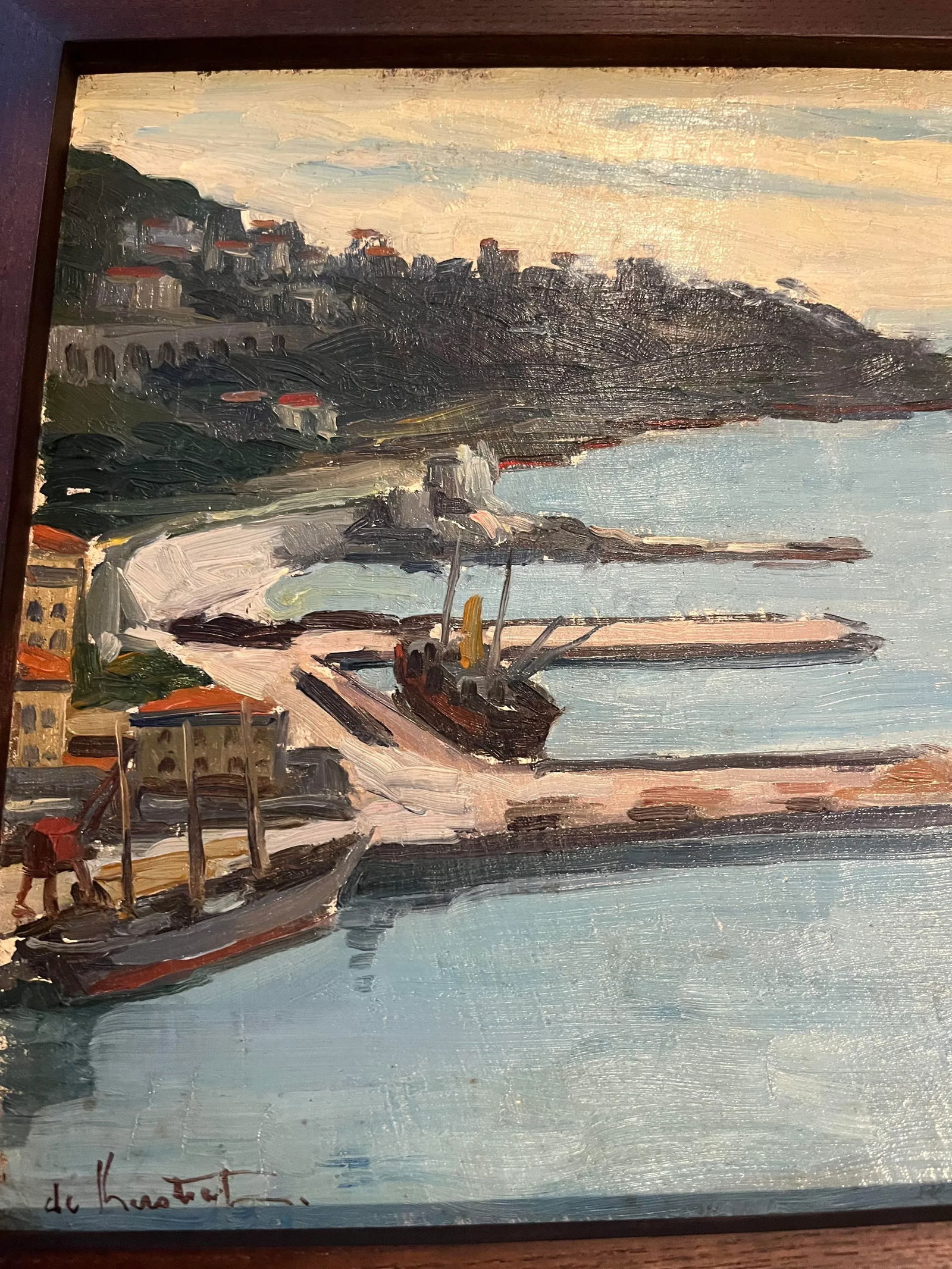 Vintage Framed Double-Sided Painting with Marina Harbor Scene and a Family Portrait - 5