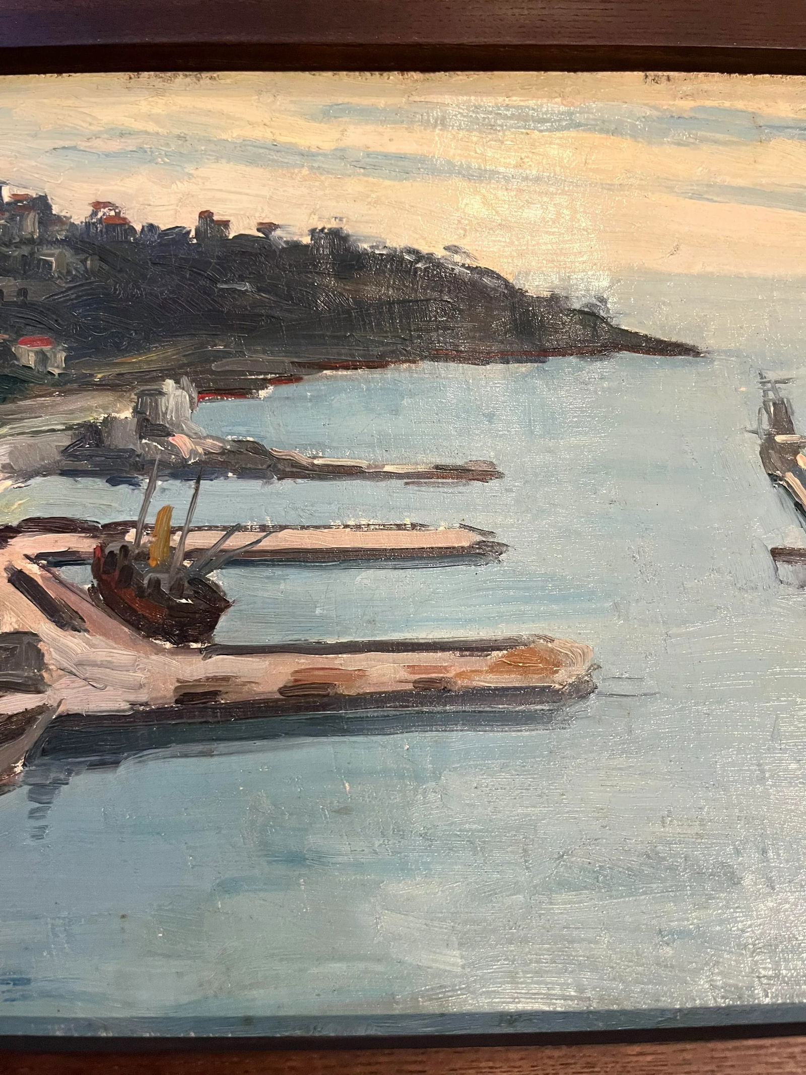 Vintage Framed Double-Sided Painting with Marina Harbor Scene and a Family Portrait - 6