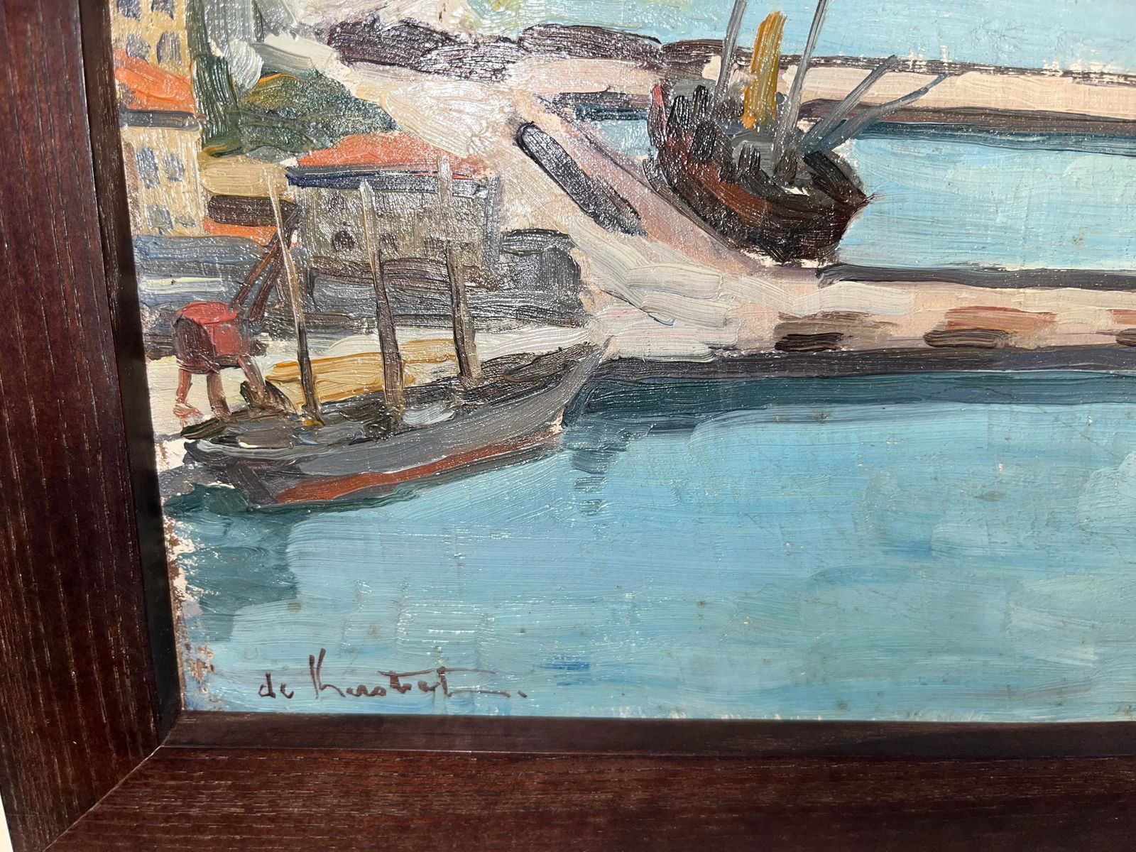 Vintage Framed Double-Sided Painting with Marina Harbor Scene and a Family Portrait - 7