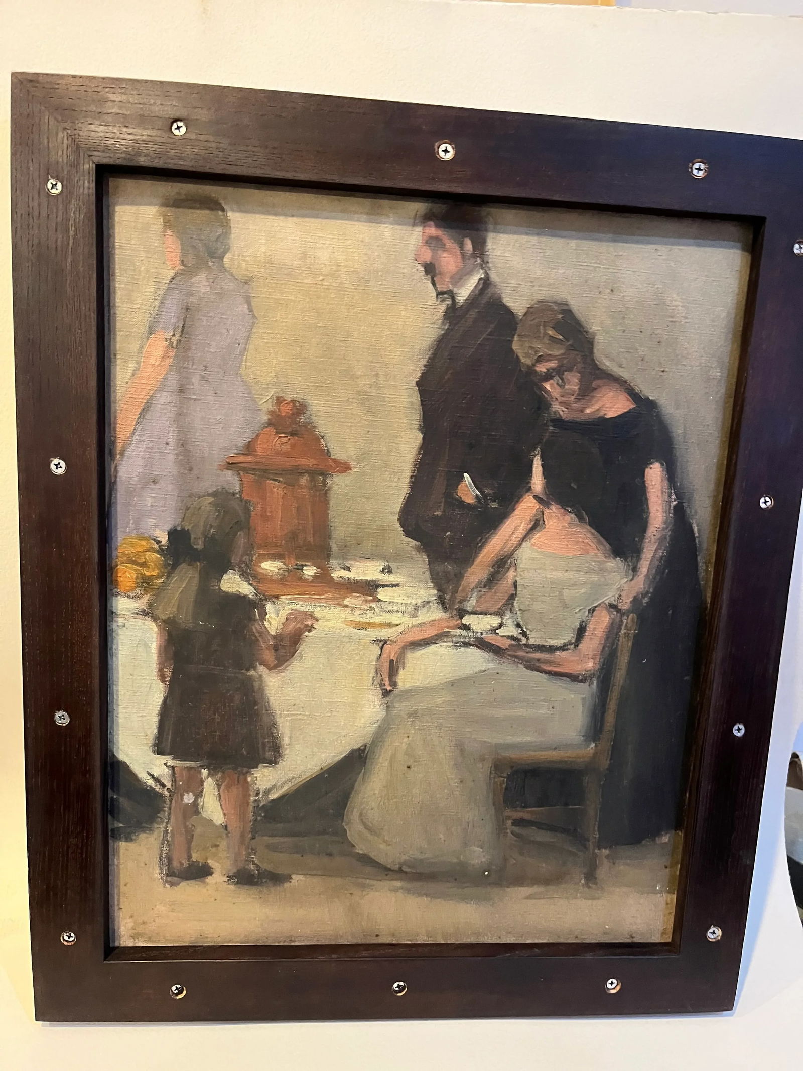 Vintage Framed Double-Sided Painting with Marina Harbor Scene and a Family Portrait - 8