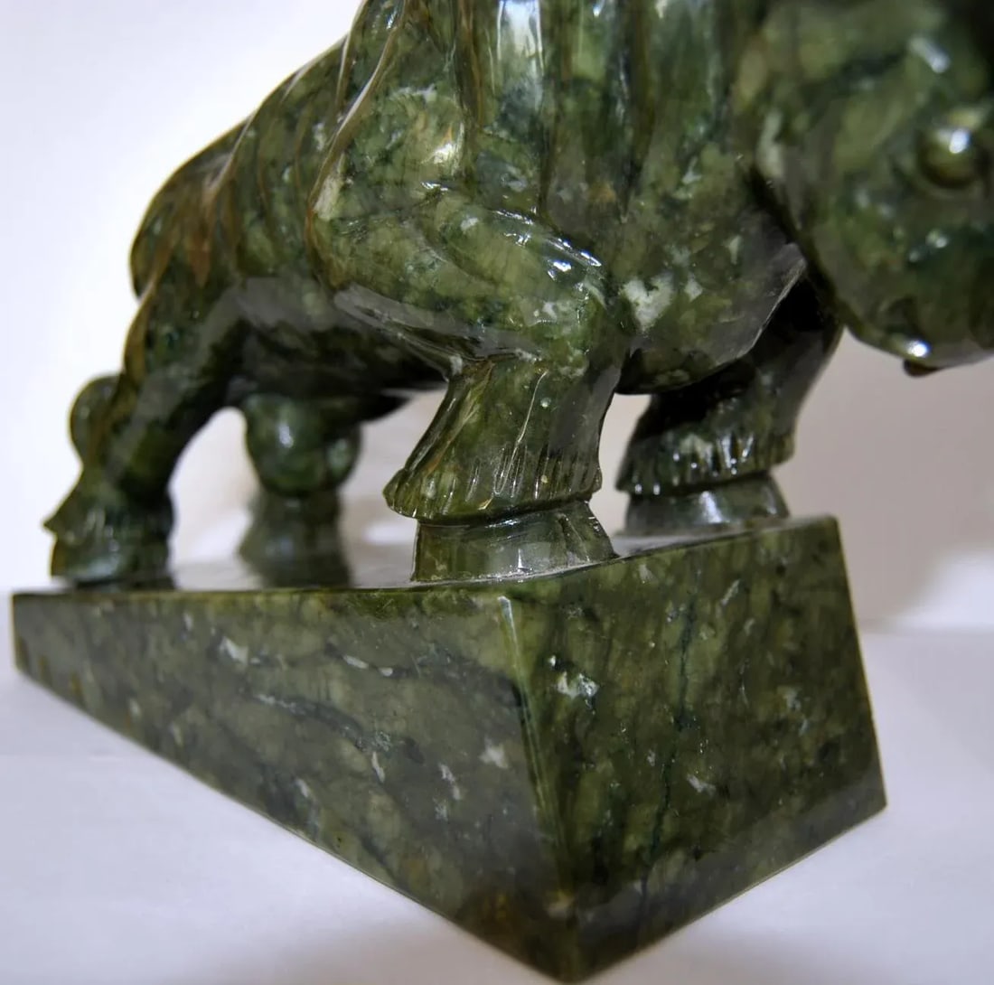 1930s Spinach Jade Charging Bull Oxen Statuette Figurine on Pedestal - 4