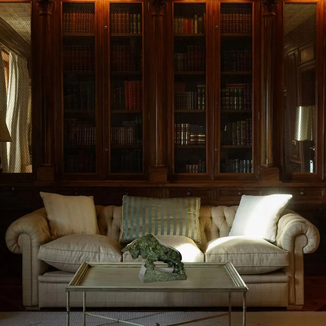 1930s Spinach Jade Charging Bull Oxen Statuette Figurine on Pedestal - 9