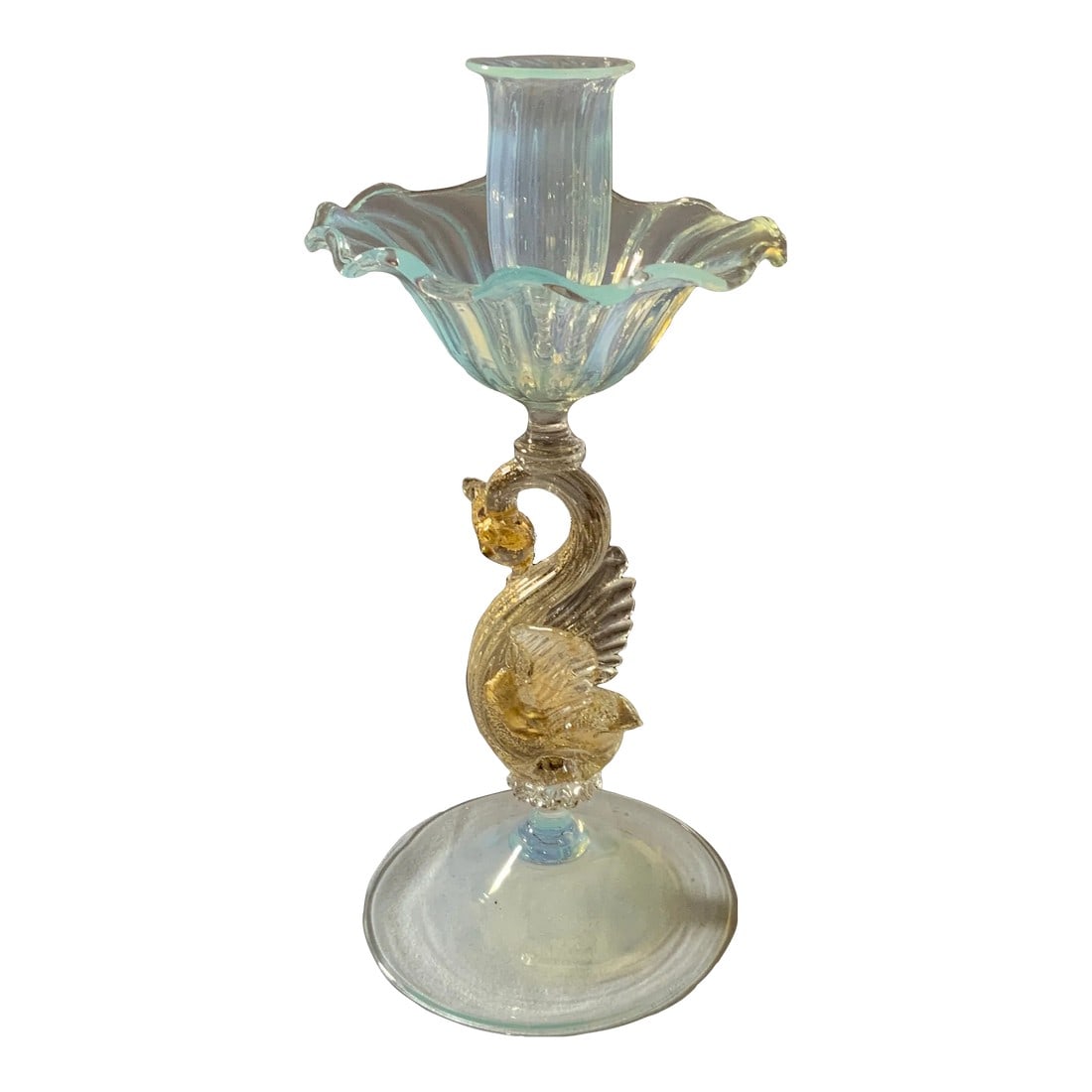 Venetian Blown Glass Candlestick by Salviati, 1920s: Beautiful Salviati (Murano) hand-blown glass candlestick. Crafted circa 1920s. Light blue in tone, with swan motif stem on round foot, infused with flecks of gold leaf. Condition: Alterations: Origina