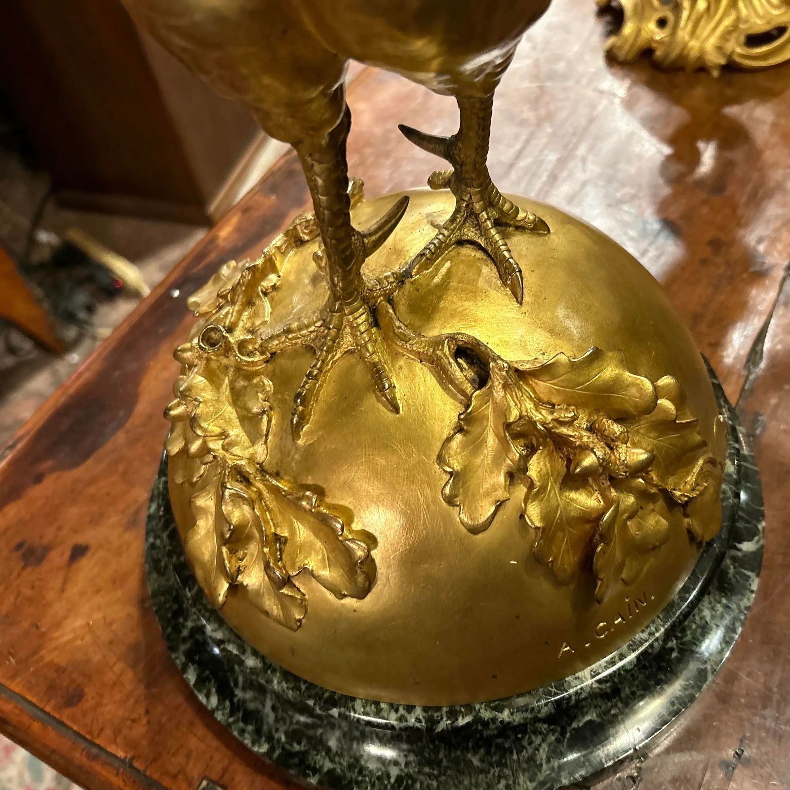 French Gilded Bronze Statue Rooster, Signed A.Cain, Circa 1880 - 11