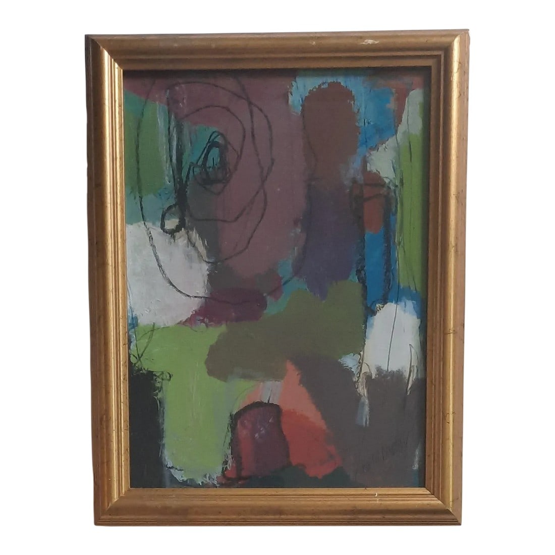Beth Downey Fall Abstract Painting: This acrylic on paper abstract painting has rich Fall colors of plum, olive, terracotta, eggplant and lime green and is paired with a vintage contemporary gold frame under glass. Originally signed