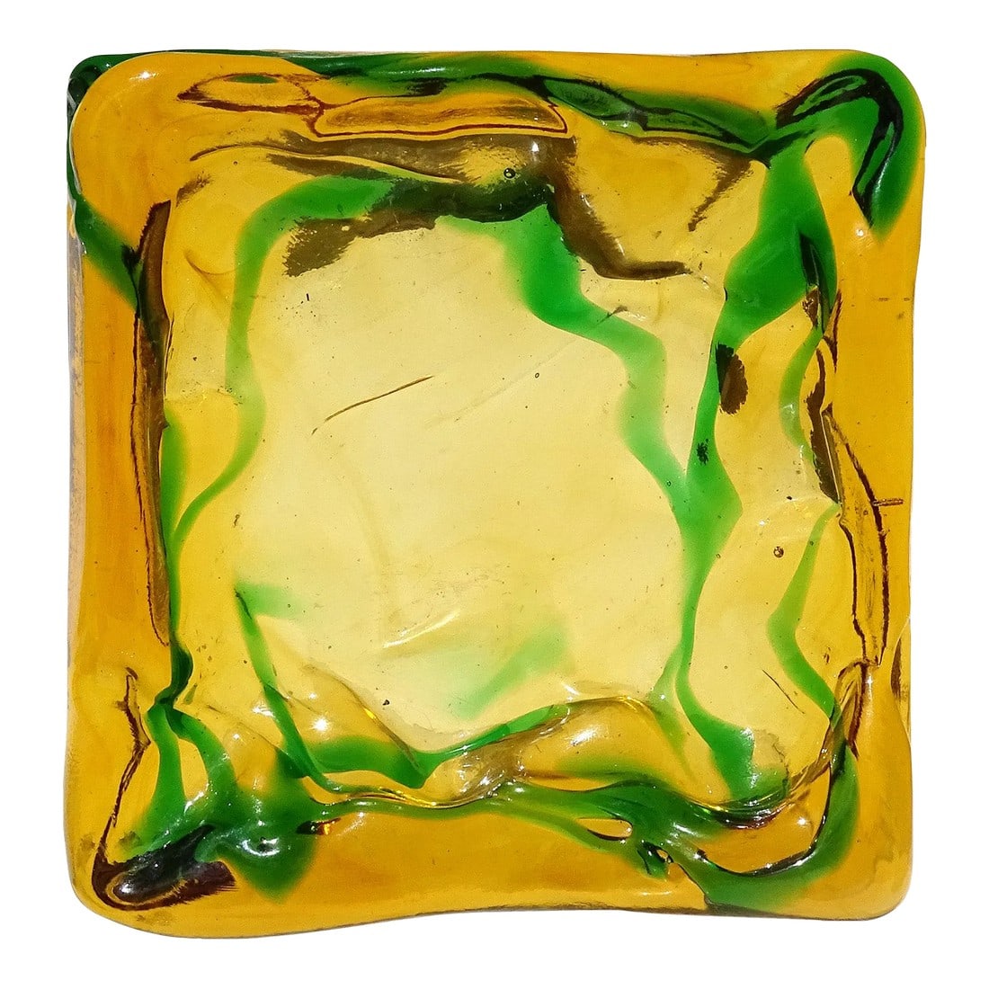 Murano Salviati Gaspari Vintage Golden Amber Green Swirl Italian Art Glass Landscape Design Bowl Ash: Beautiful vintage Murano hand blown Sommerso golden amber and green swirls Italian art glass catchall / personal ashtray. Documented to the Salviati company, by designer Luciano Gaspari. The piece has