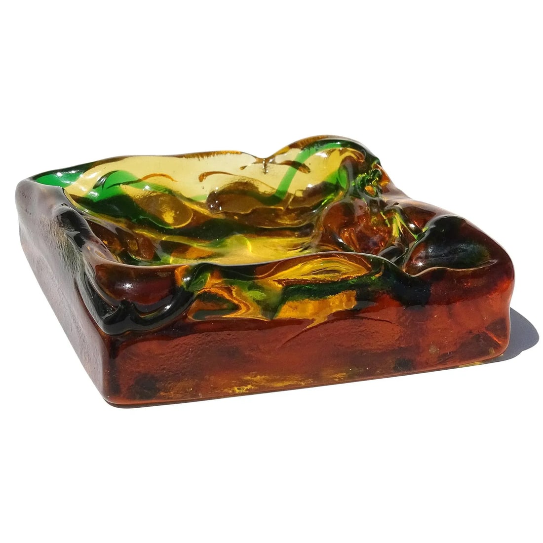 Murano Salviati Gaspari Vintage Golden Amber Green Swirl Italian Art Glass Landscape Design Bowl Ash - 2