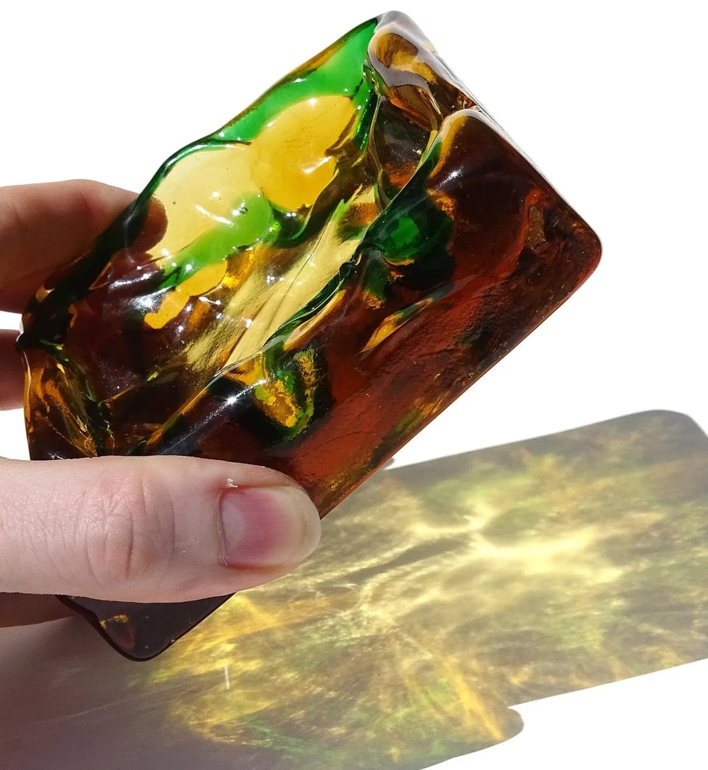 Murano Salviati Gaspari Vintage Golden Amber Green Swirl Italian Art Glass Landscape Design Bowl Ash - 3