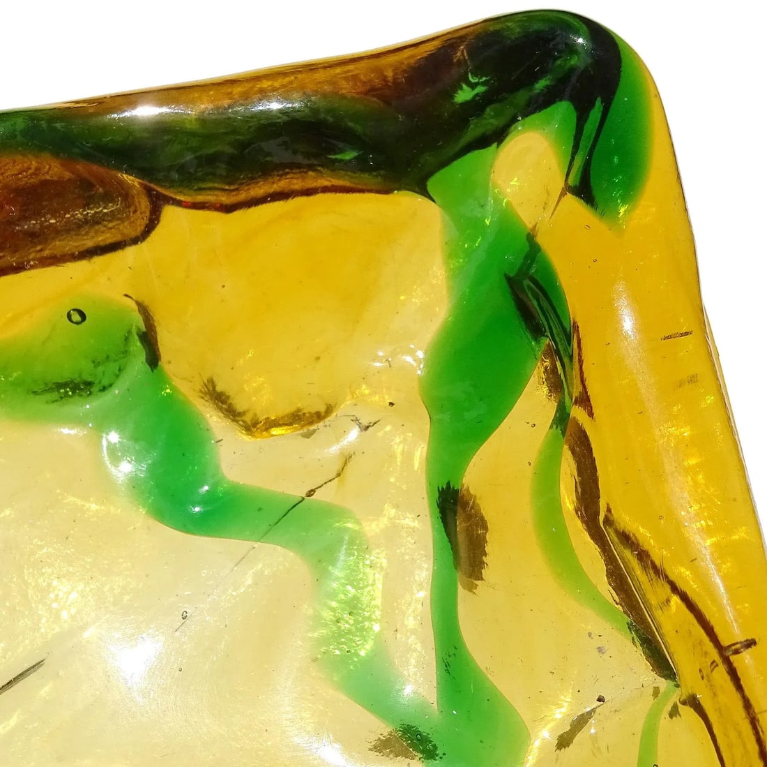 Murano Salviati Gaspari Vintage Golden Amber Green Swirl Italian Art Glass Landscape Design Bowl Ash - 4