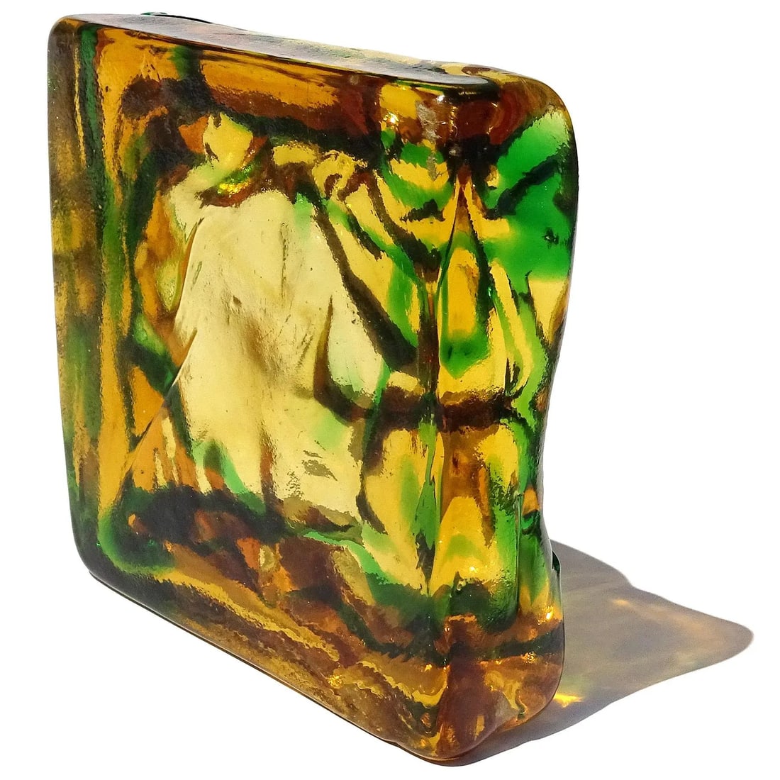 Murano Salviati Gaspari Vintage Golden Amber Green Swirl Italian Art Glass Landscape Design Bowl Ash - 5