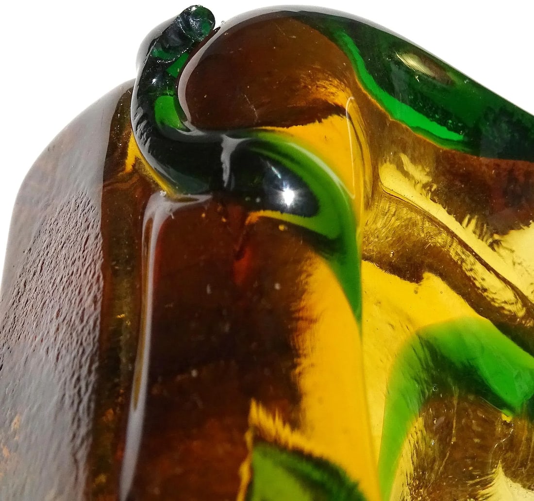 Murano Salviati Gaspari Vintage Golden Amber Green Swirl Italian Art Glass Landscape Design Bowl Ash - 6