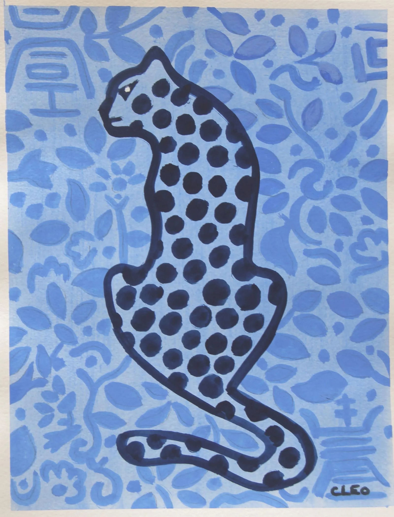 Leopard Blue With Botanical Minmalist Chinoiserie Expressionist Original Painting by Cleo Plowden - 2