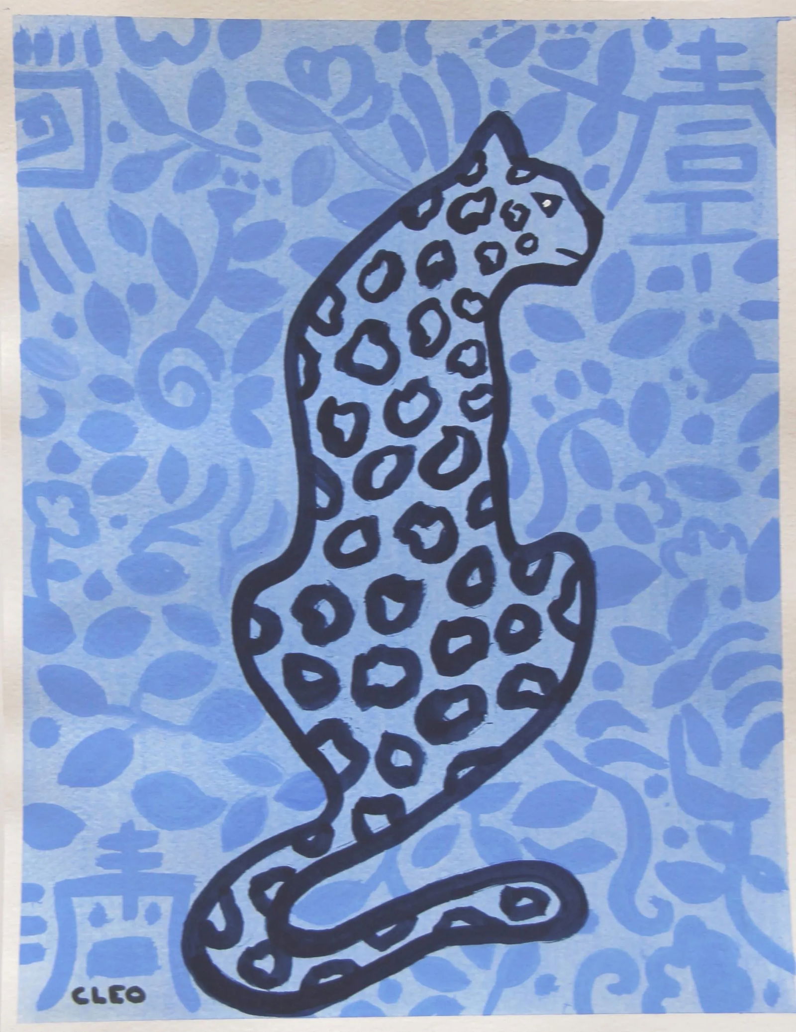 Leopard Blue With Botanical Minmalist Chinoiserie Expressionist Original Painting by Cleo Plowden - 3