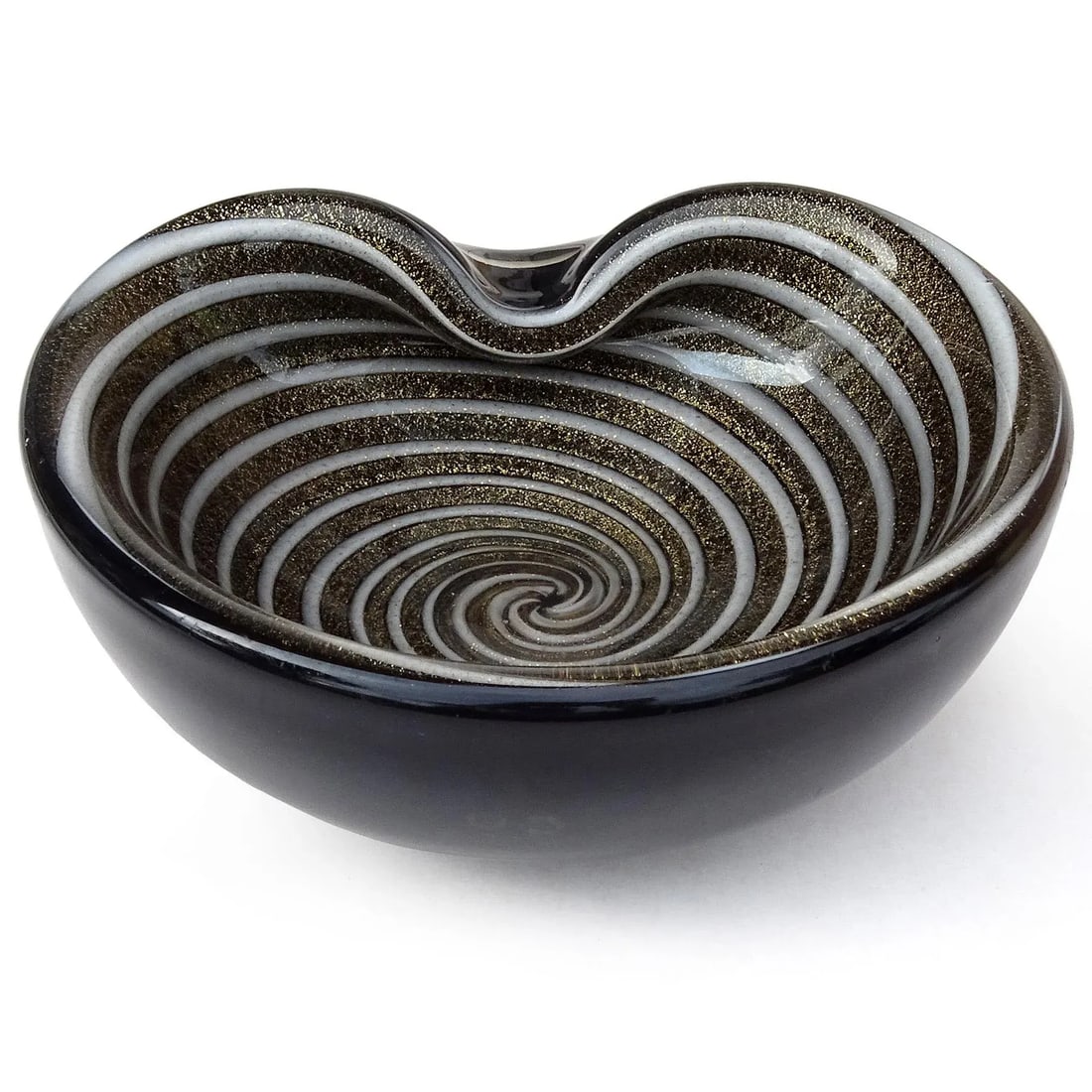 Murano Barbini Black Gold Flecks White Swirl Vintage Italian Art Glass Decorative Personal Bowl Asht - 2