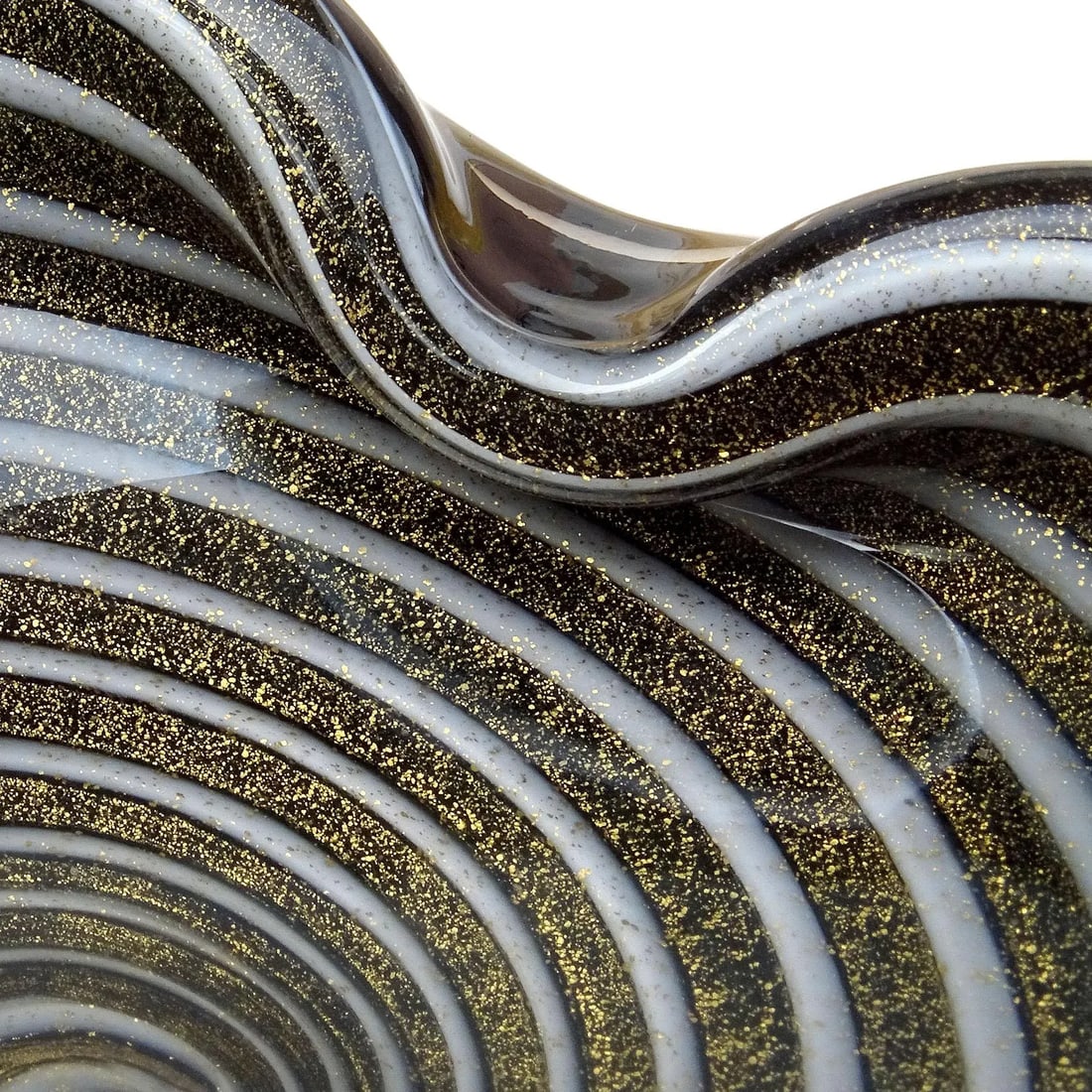 Murano Barbini Black Gold Flecks White Swirl Vintage Italian Art Glass Decorative Personal Bowl Asht - 3