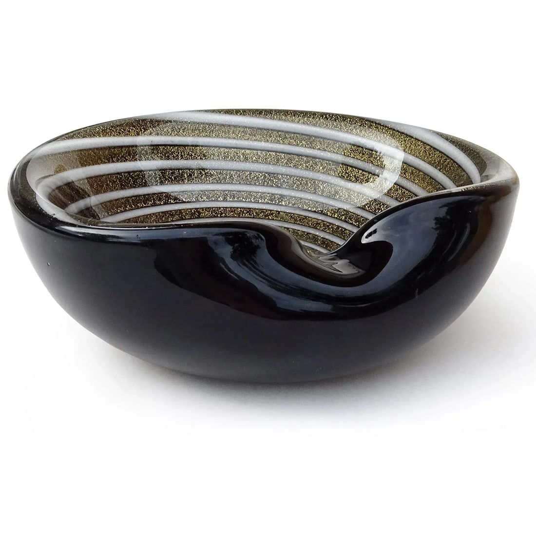 Murano Barbini Black Gold Flecks White Swirl Vintage Italian Art Glass Decorative Personal Bowl Asht - 5