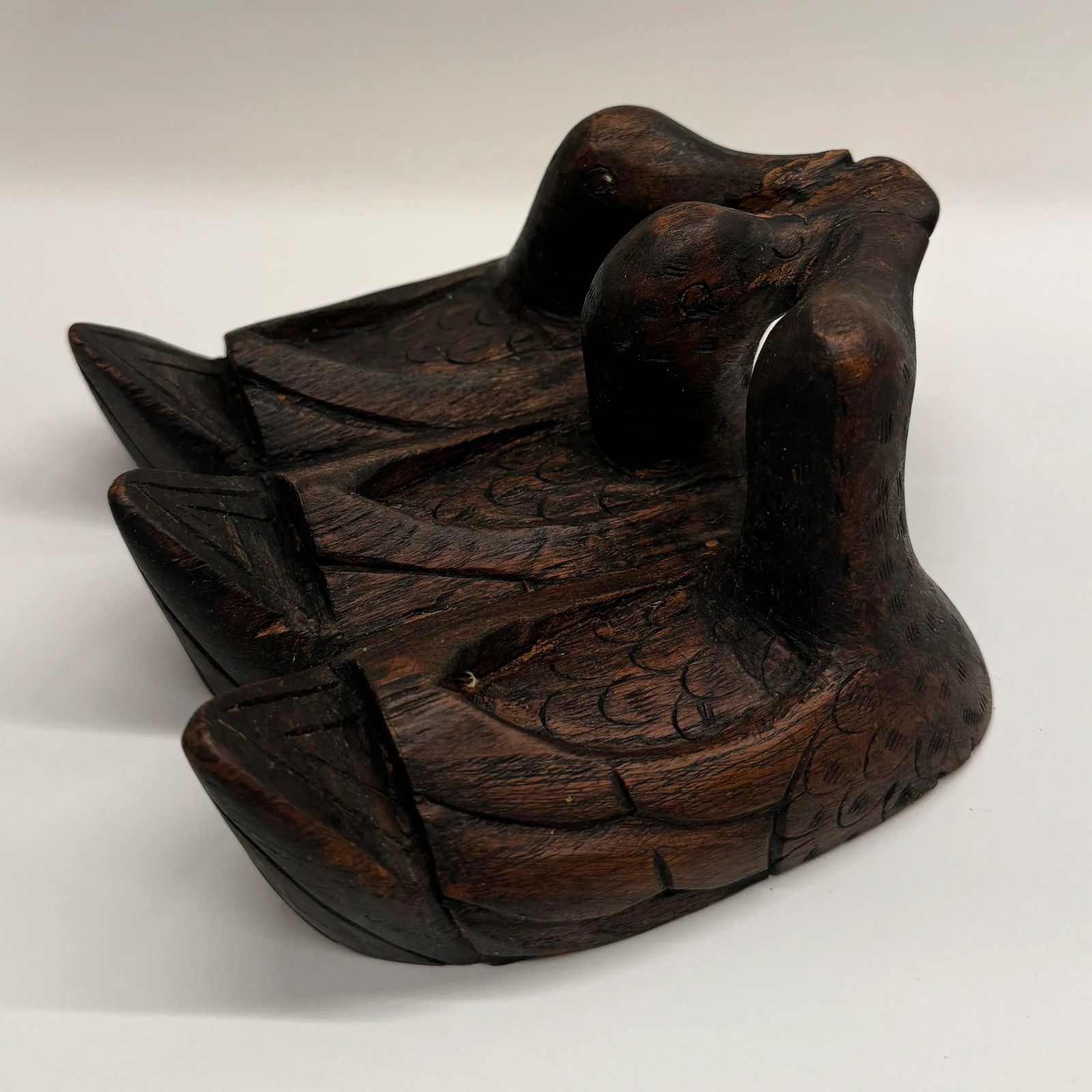 Mid-Century Modern Antique Hand-Carved Teak Wood Three-Duck Box - 4