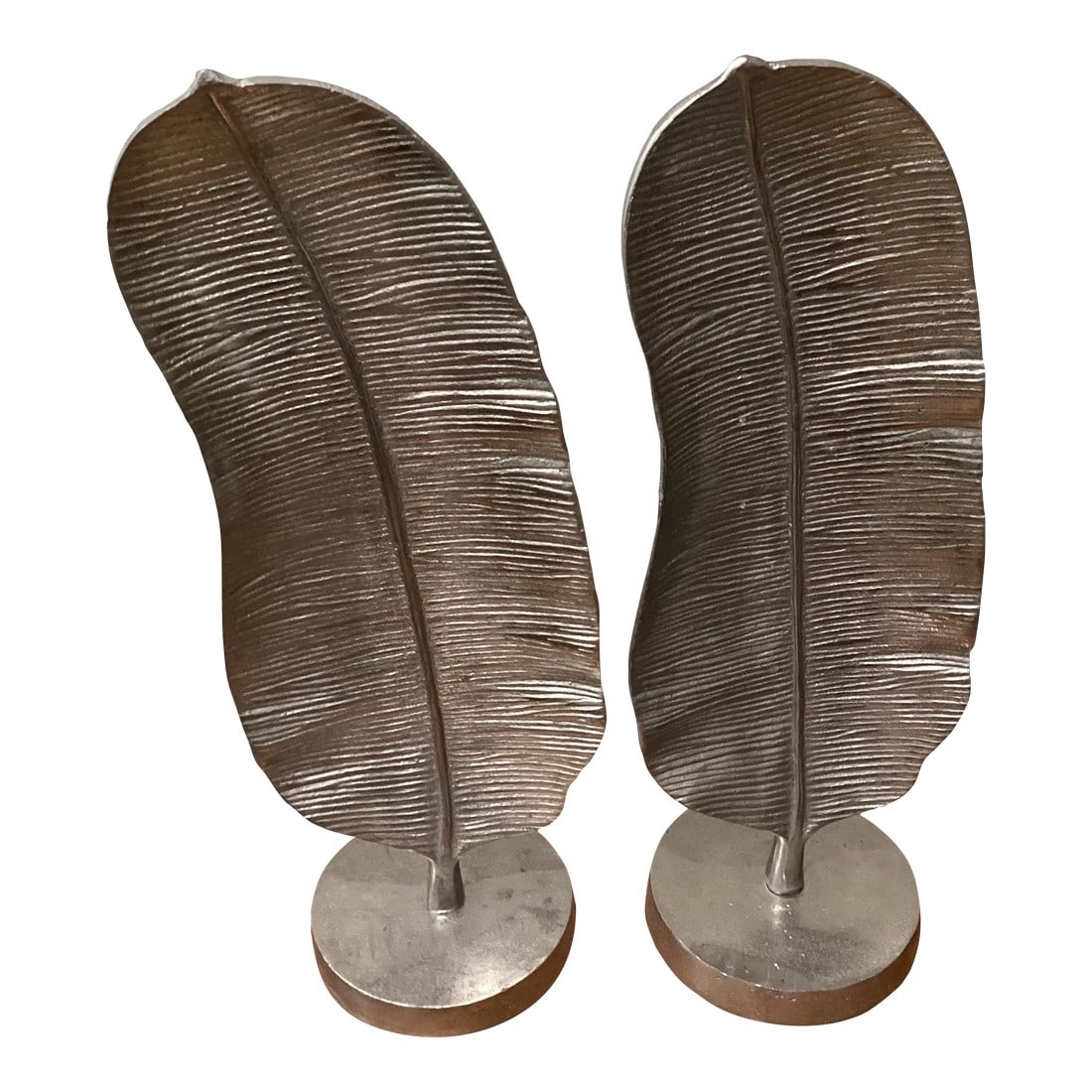 Mid Century Modern Pair of Extra Large Silver Metal Quill Sculptures: Impeccably detailed pair of large Metal Sculpture's . It has a silver leaf finish sitting atop a round silver base. This is a wonderful accessory for any desk or table. Condition: Alterations: Restore
