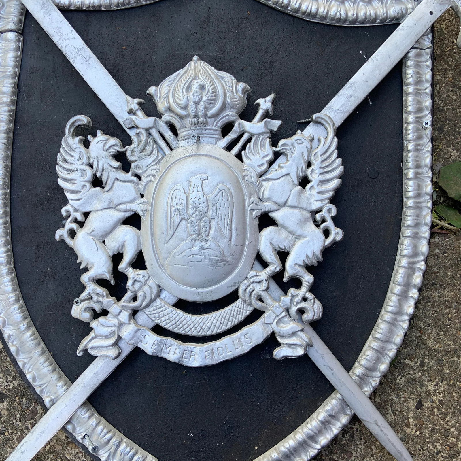 Vintage Mid-Century Modern Iron Lion Coat of Arms With 2 Swords Crossing on Wood Background - 3