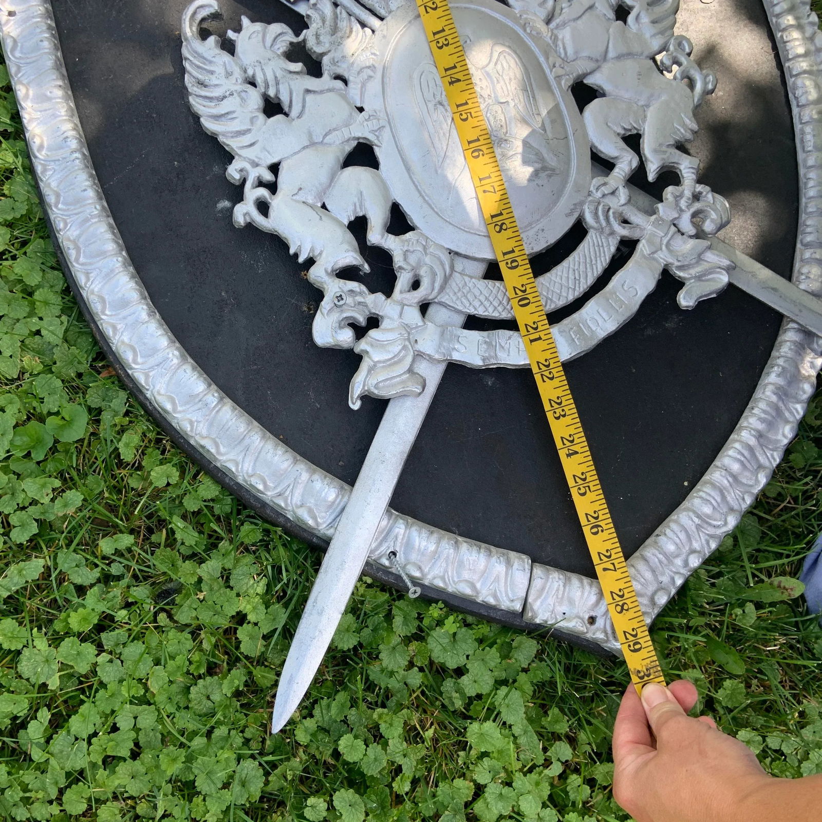 Vintage Mid-Century Modern Iron Lion Coat of Arms With 2 Swords Crossing on Wood Background - 5