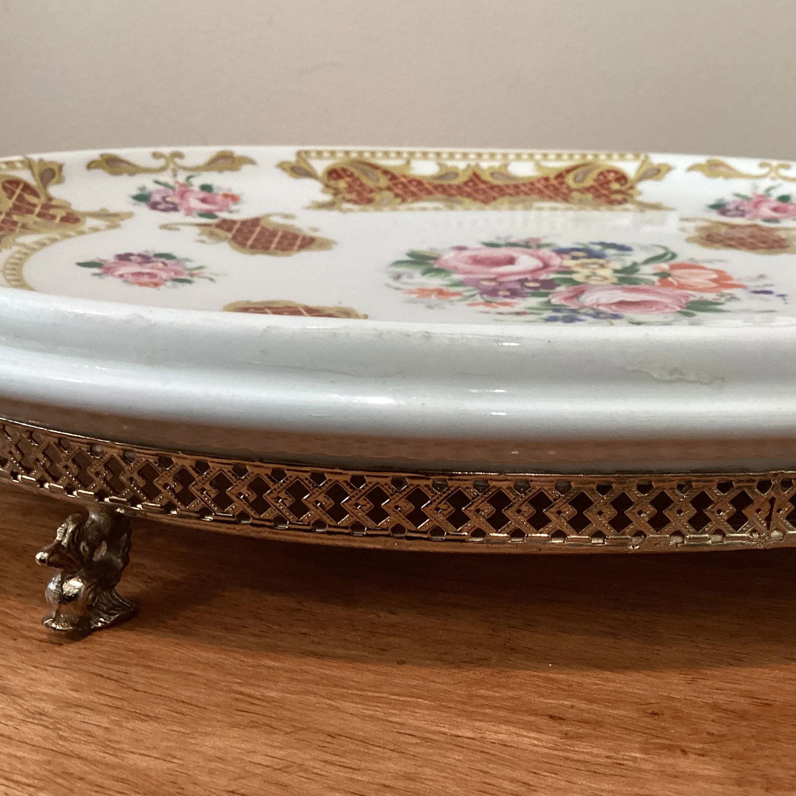 Mid 20th Century Vintage Theo Limoges France Alfa Ceramic Porcelain Vanity Tray on Stand Hand Painte - 6