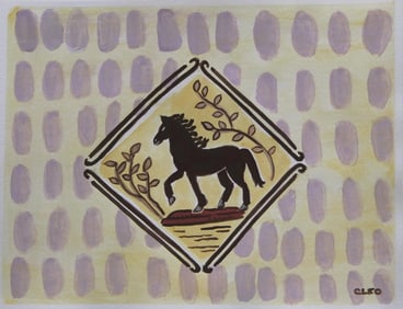 Delft Style Horse in Landscape Abstract Patterns Yellow Brown Original Painting by Cleo Plowden