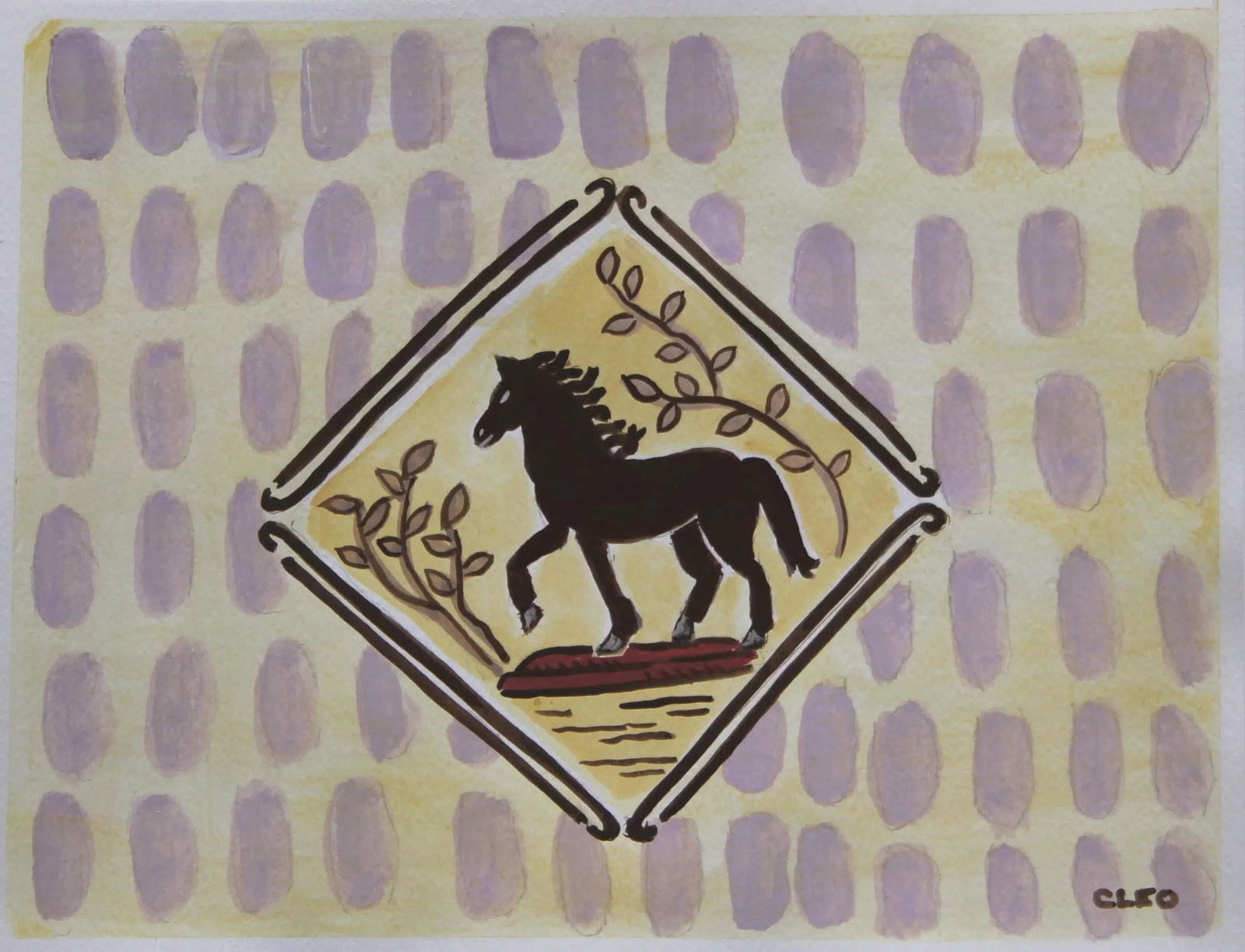 Delft Style Horse in Landscape Abstract Patterns Yellow Brown Original Painting by Cleo Plowden - 2