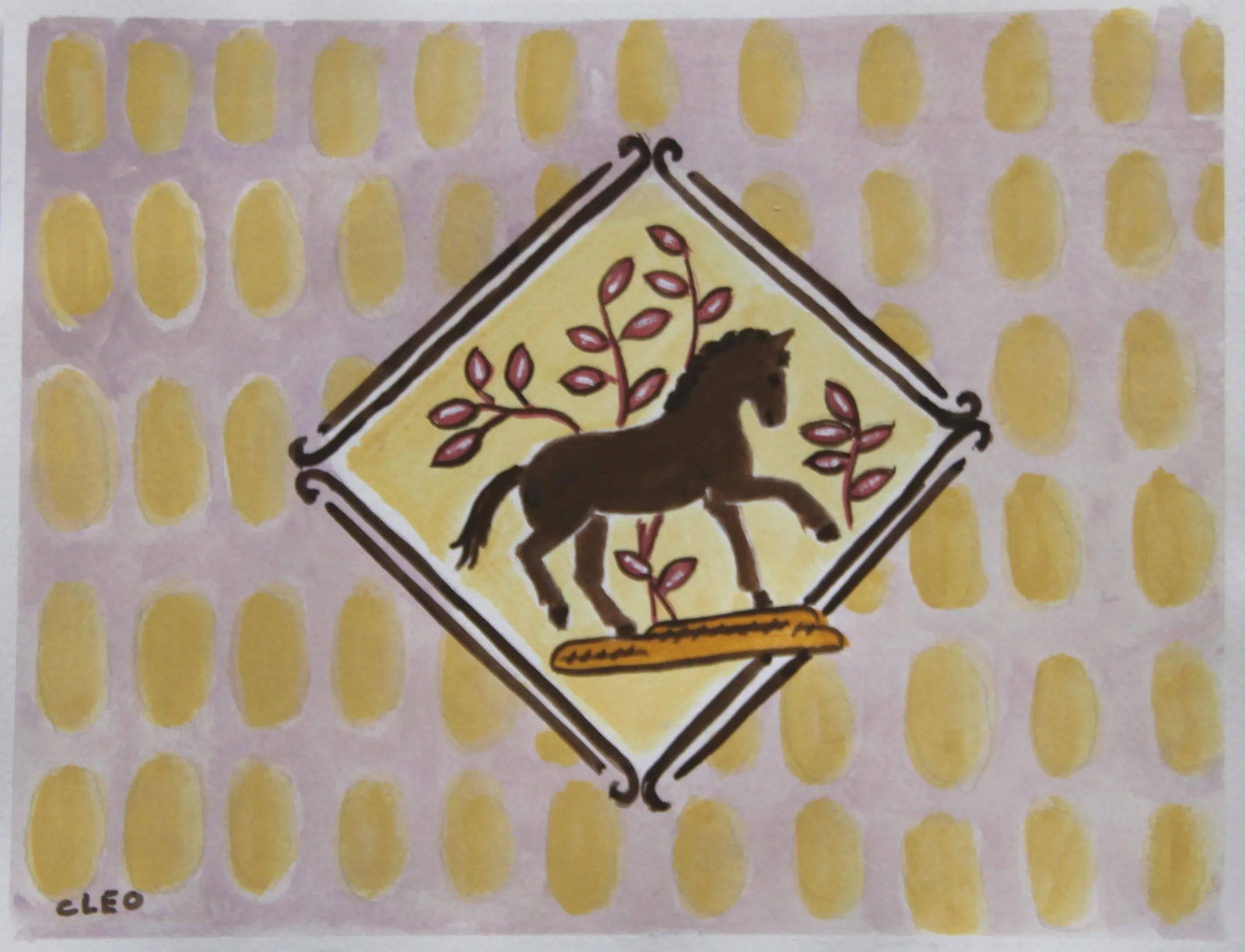 Delft Style Horse in Landscape Abstract Patterns Yellow Brown Original Painting by Cleo Plowden - 3