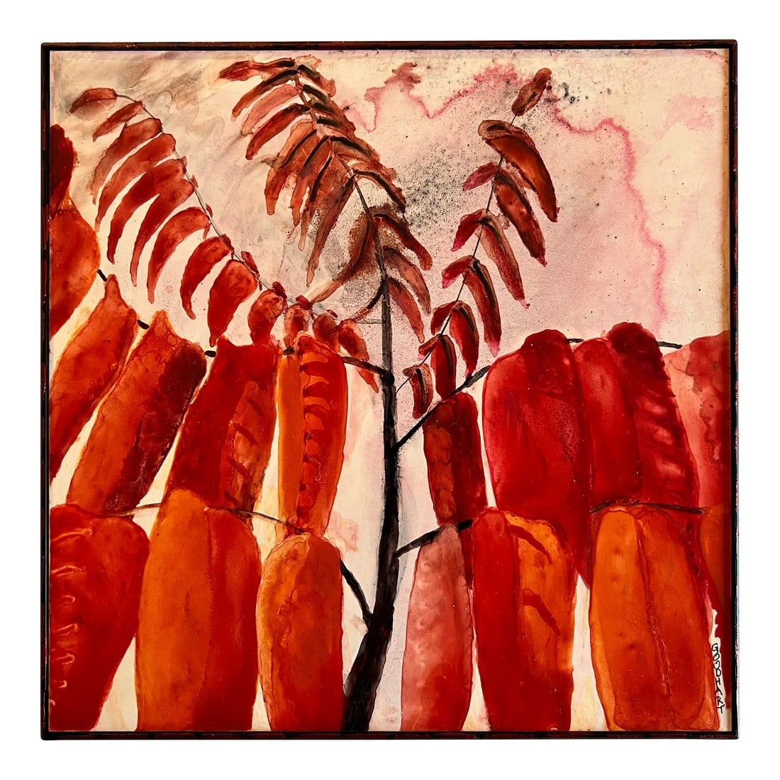 Contemporary Botanical Watercolor Painting "Autumn Prayer Flags": Watercolor, ink, and oil on panel. Narrow plastic frame, painted by the artist to enhance the piece. This is part of a series of paintings of Staghorn Sumac trees and leaves. I could paint hundreds of