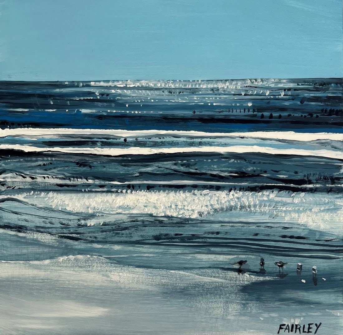 Glimmer, Original Miniature Seascape Oil Painting by Jessica Fairley: Feel the glimmering sunshine on the ocean waters of Malibu, California when you peer into this miniature gem that will transport you and add to any coastal collection. This original oil painting measu