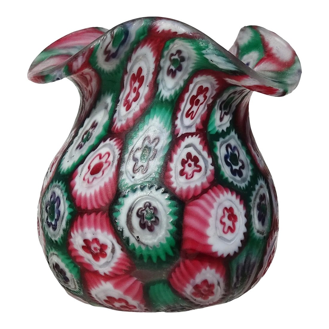 Murano Fratelli Toso Antique Millefiori Flower Mosaic Pink White Green Italian Art Glass Decorative: Beautiful antique miniature Murano hand blown millefiori flowers mosaic Italian art glass decorative cabinet vase / bowl. Documented to the Fratelli Toso Company, circa 1910-1930. The little piece has