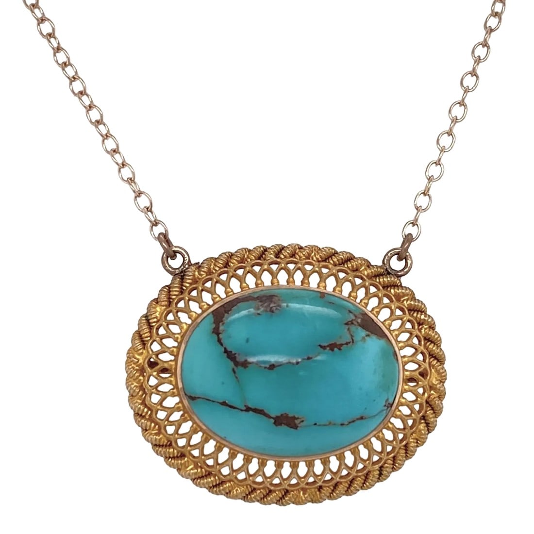 Victorian 14k Gold & Turquoise Repurposed Pendant Necklace: This is part of Chairish's Fine Jewelry assortment. A fine repurposed Victorian period 14K gold pendant with a natural polished turquoise in the center. The bezel set stone is surrounded by a gold fil