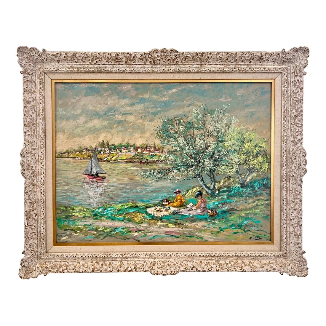 Large Mid-Century Impressionist Oil Painting "Picnic Along the Eure River in France" - by Clifford S: This vividly colored Impressionist oil painting on canvas painted by American artist Clifford F. Silsby is a beautifully detailed land-and-seascape depicting people carrying out their daily lives whil
