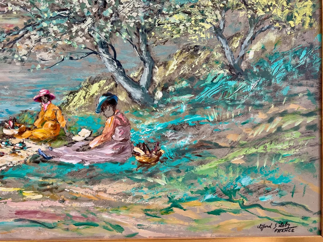 Large Mid-Century Impressionist Oil Painting "Picnic Along the Eure River in France" - by Clifford S - 4