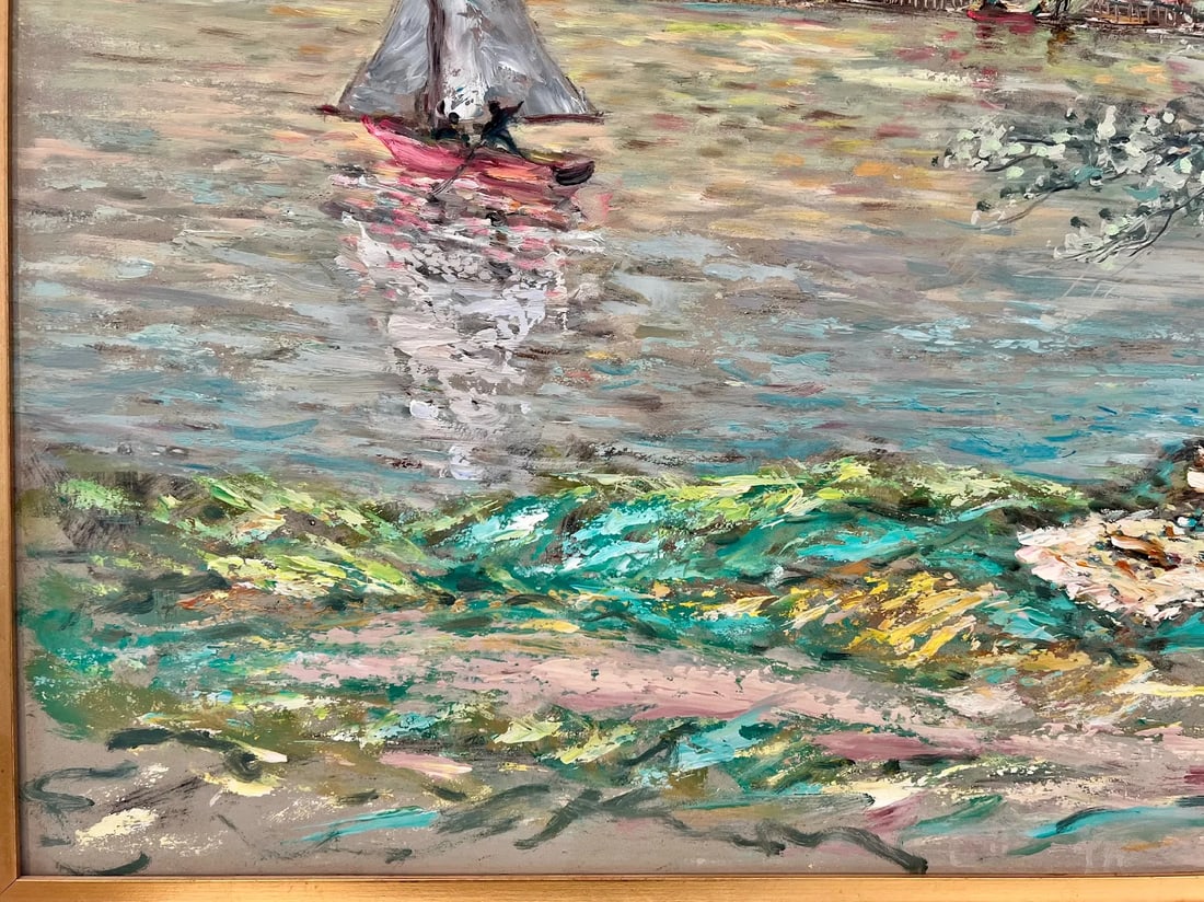 Large Mid-Century Impressionist Oil Painting "Picnic Along the Eure River in France" - by Clifford S - 5