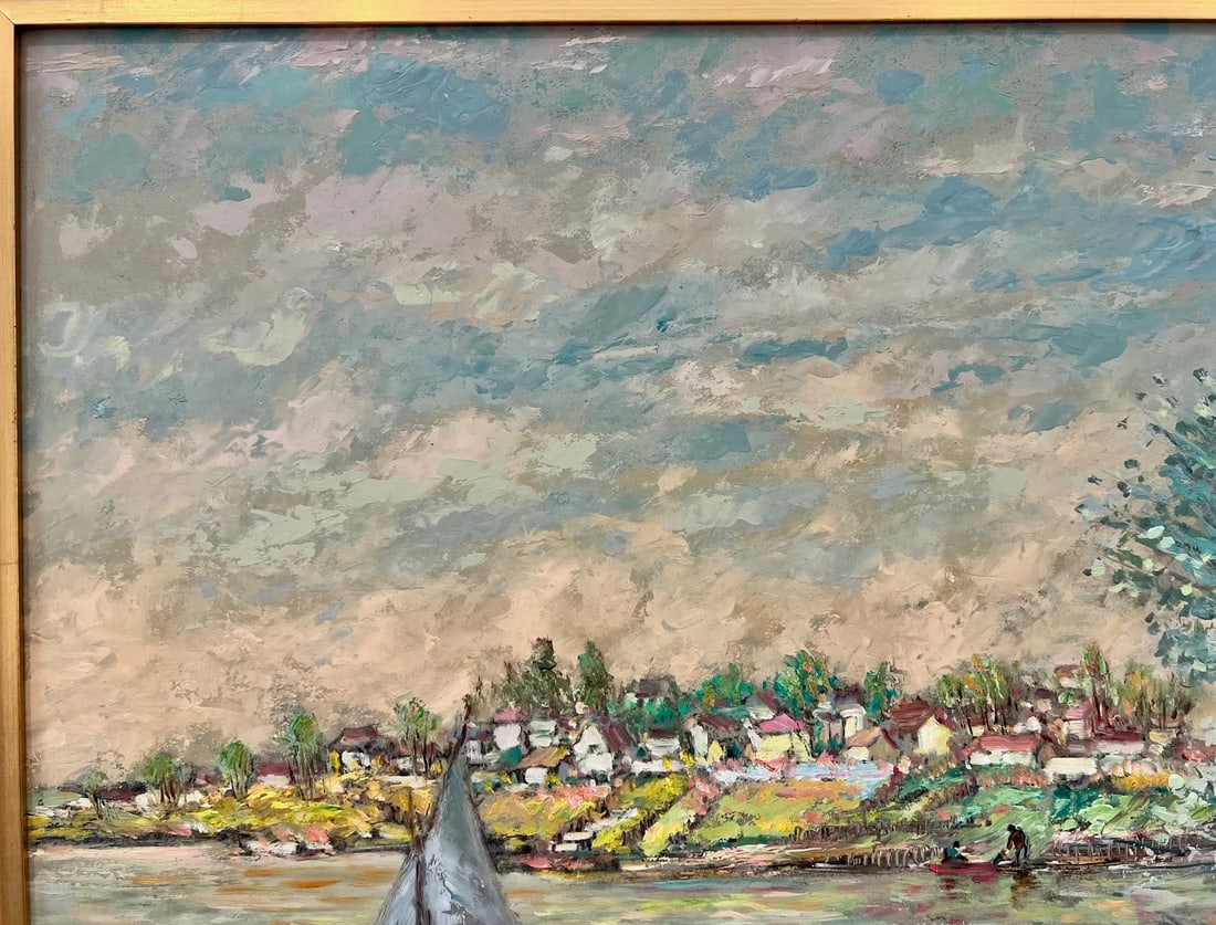 Large Mid-Century Impressionist Oil Painting "Picnic Along the Eure River in France" - by Clifford S - 7