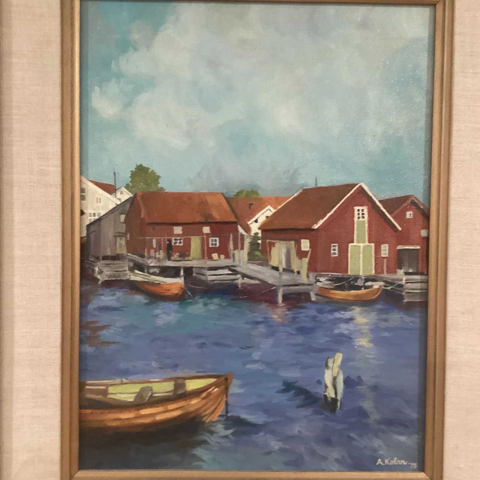 Vintage Framed Original Oil Painting of Boats in the Harbor Signed by Artist Circa 1975 - 2