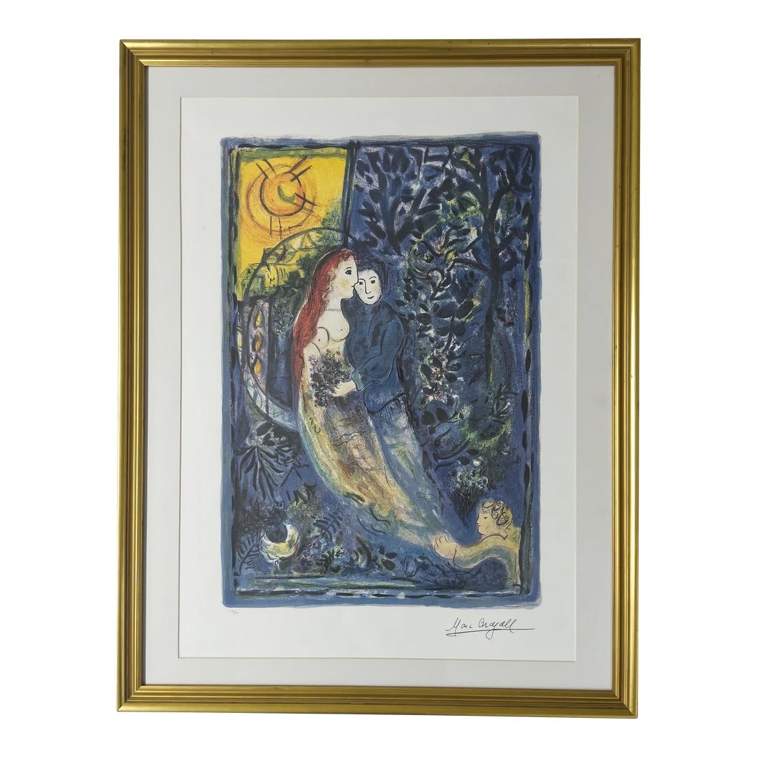 Marc Chagall "The Wedding" Photomechanical Graphic Print Framed: A framed Marc Chagall (1887-1985) "The Wedding" photomechanical graphic print with interpretive signature, numbered 330/500 depicting a couple, male and female figures, the sun, and a midnight blue ba