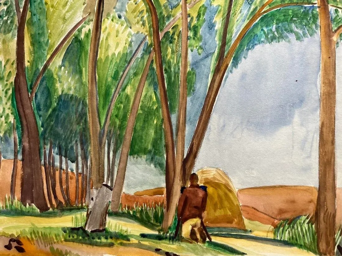 Vintage Original Watercolor "The Artist en Plein Air" Unsigned Circa 1960: Vintage Original Watercolor "The Artist en Plein Air" Unsigned Circa 1960 Original watercolor painting - possibly Erle Loran. Dimensions 14" wide x 10" high Good vintage condition - Unsigned / Undated