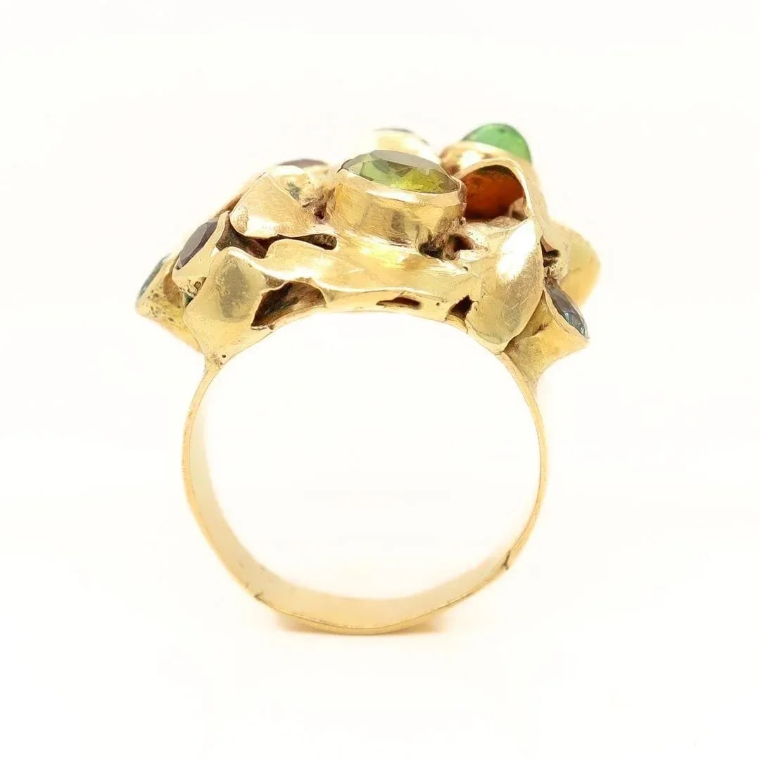 Vintage 1960's Modernist 14k Gold & Multi-Gemstone Cocktail Ring by Resia Schor Size 8.75 - 10