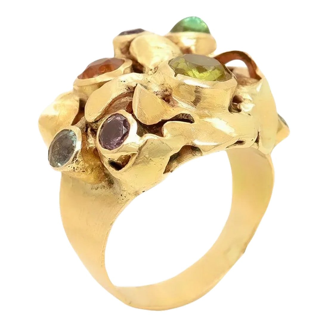 Vintage 1960's Modernist 14k Gold & Multi-Gemstone Cocktail Ring by Resia Schor Size 8.75: A fine Modernist ring. By the New York City Modernist female goldsmith Resia Schor. In 14k gold with multi-gemstones. Comprising a Brutalist head with varied gold elements and bezel-set gemstones. Set