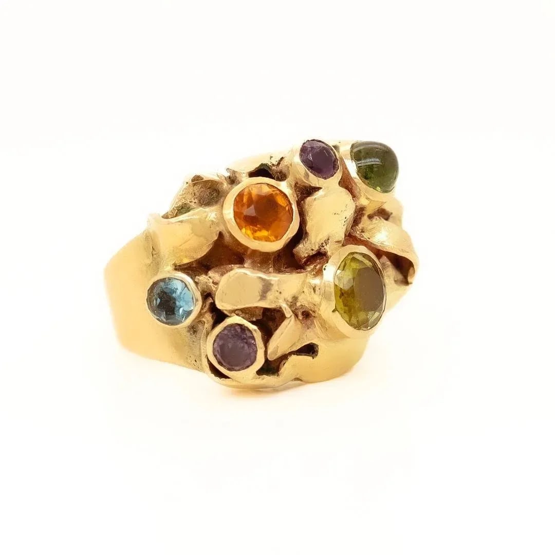 Vintage 1960's Modernist 14k Gold & Multi-Gemstone Cocktail Ring by Resia Schor Size 8.75 - 3
