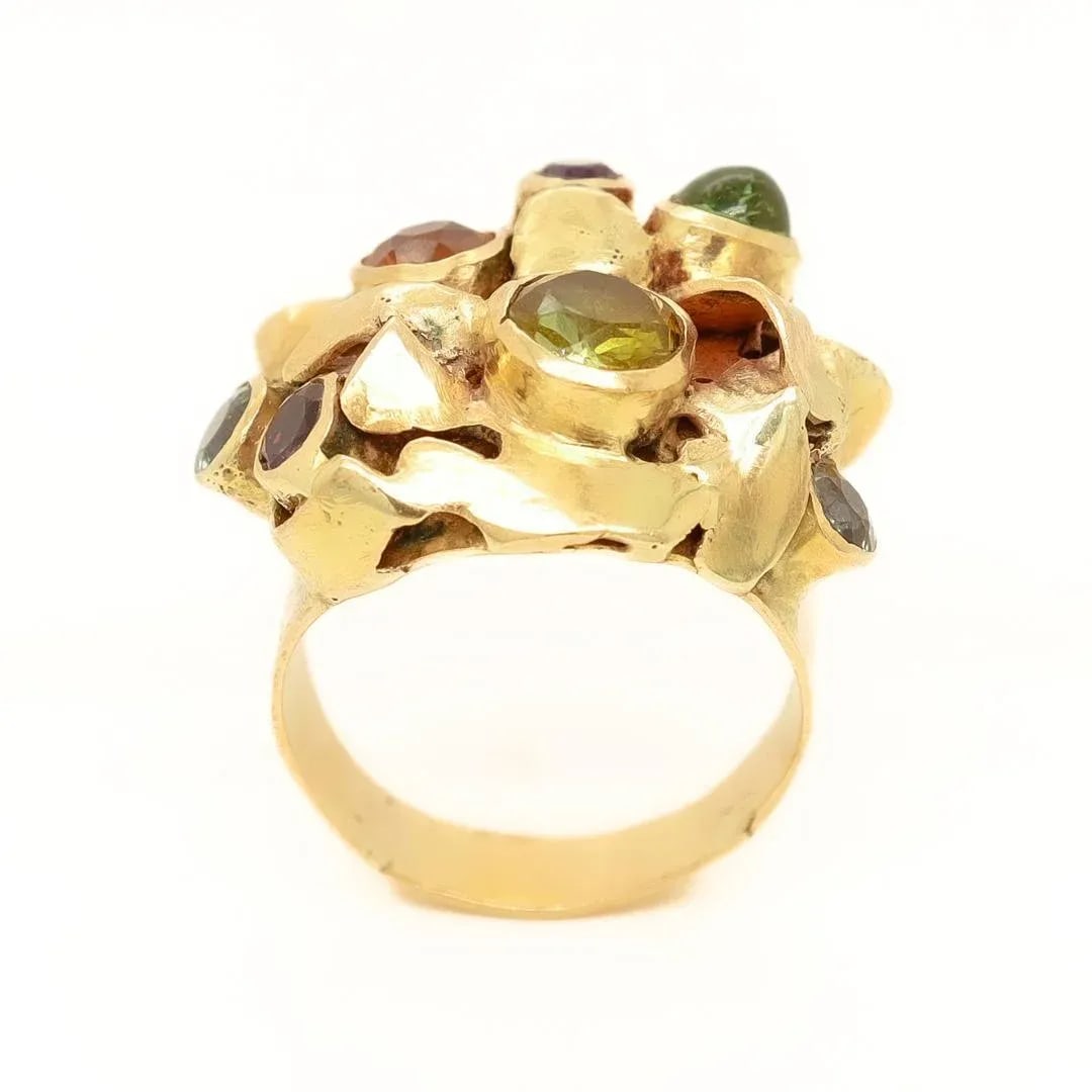 Vintage 1960's Modernist 14k Gold & Multi-Gemstone Cocktail Ring by Resia Schor Size 8.75 - 8