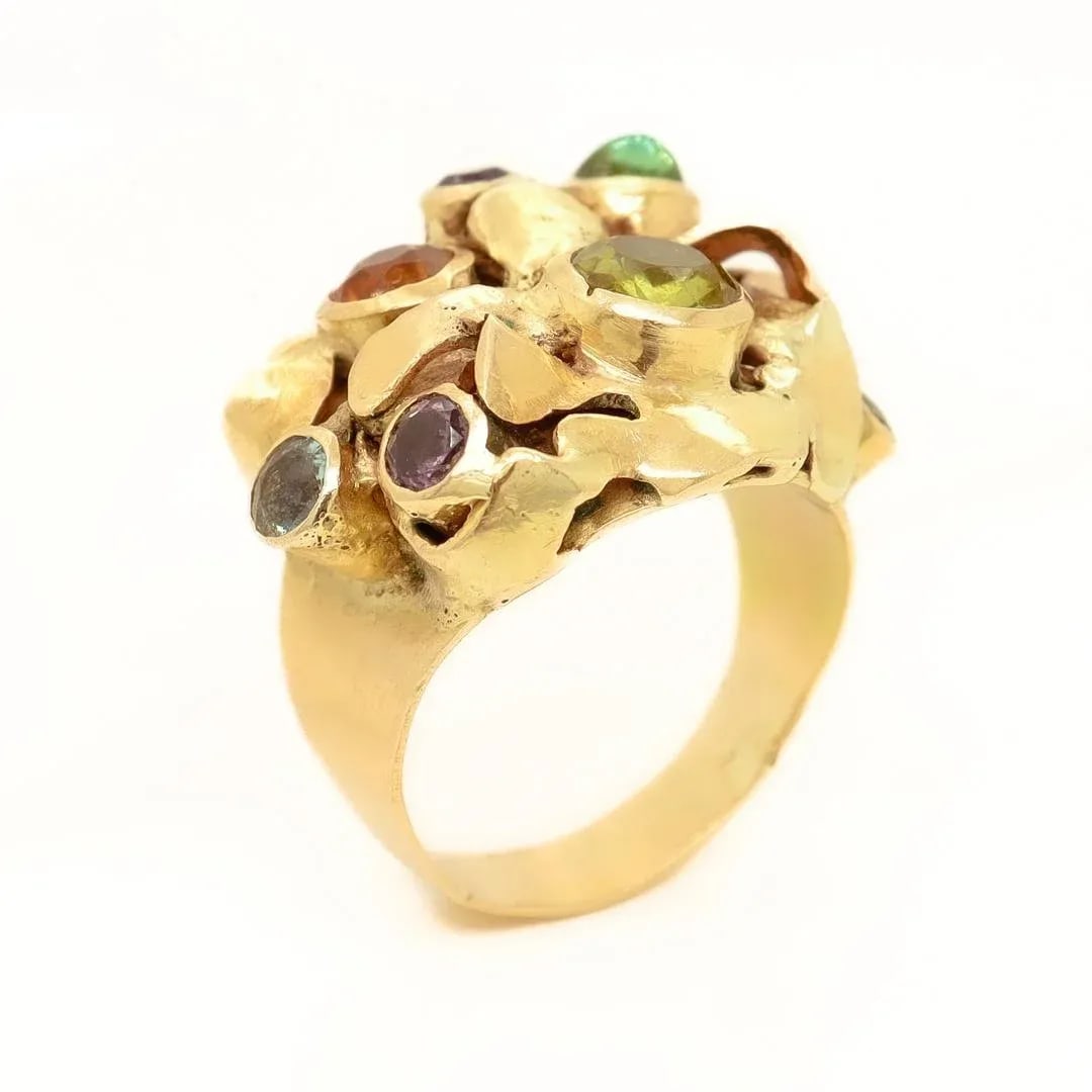 Vintage 1960's Modernist 14k Gold & Multi-Gemstone Cocktail Ring by Resia Schor Size 8.75 - 9
