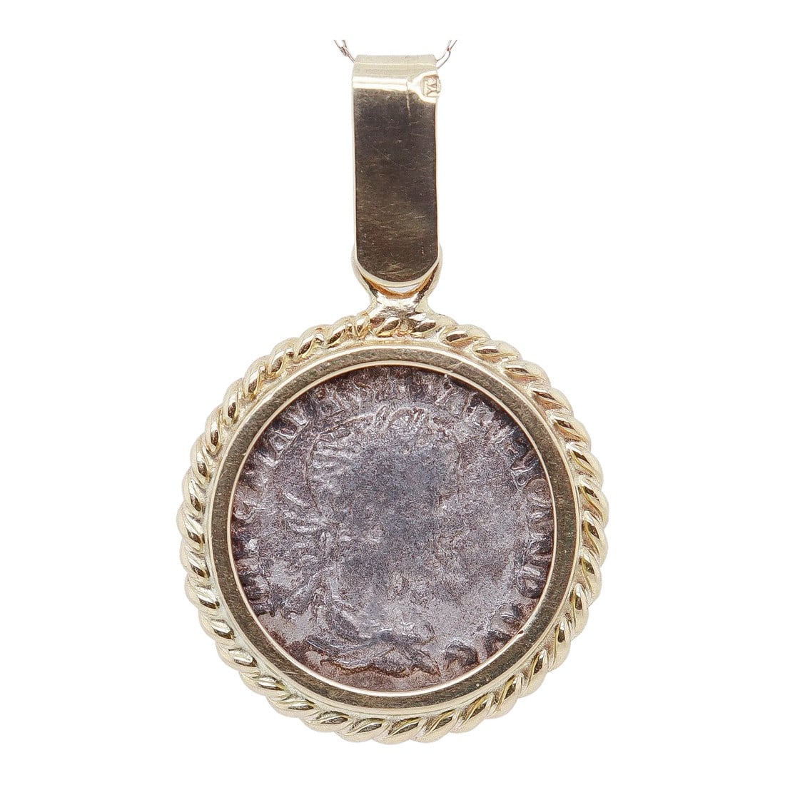 18k Gold & Ancient Roman Coin Severus Alexander Denarius Pendant: This is part of Chairish's Fine Jewelry assortment. A fine ancient Roman coin pendant. Set in 18k gold. With rope twist bezel setting for the coin. The coin is a silver Severus Alexander denarius (ca.