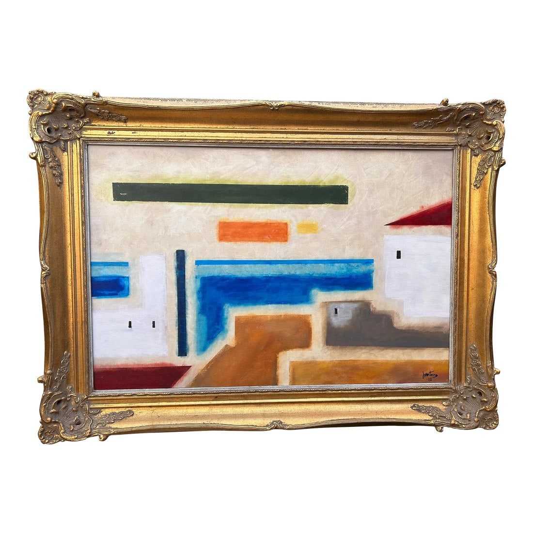 Large Abstract Architecture Original Acrylic on Canvas Painting, Signed J Martinez, 32x44" Heavy Orn: Large - 32" x 44" over-the-fireplace painting in a beautiful byzantine gold frame. 24x36" is the original painting (canvas size), and the subject is an abstract cityscape. This eye-catching modern pai