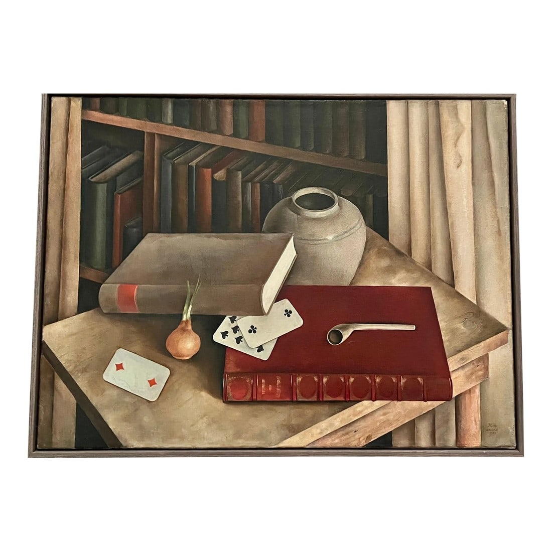 Willy Boers, Antique Oil Still Life, Signed, Dutch, Stedelijk Museum, De Stijl, 1934: WILLY BOERS (1905-1978) A still life with books and playing cards Signed and dated 'Willy Boers/1934 lower right Oil on Canvas 33" x 25" Willy Boers (Amsterdam 1905 "“ Amsterdam 1978) was a Dutc