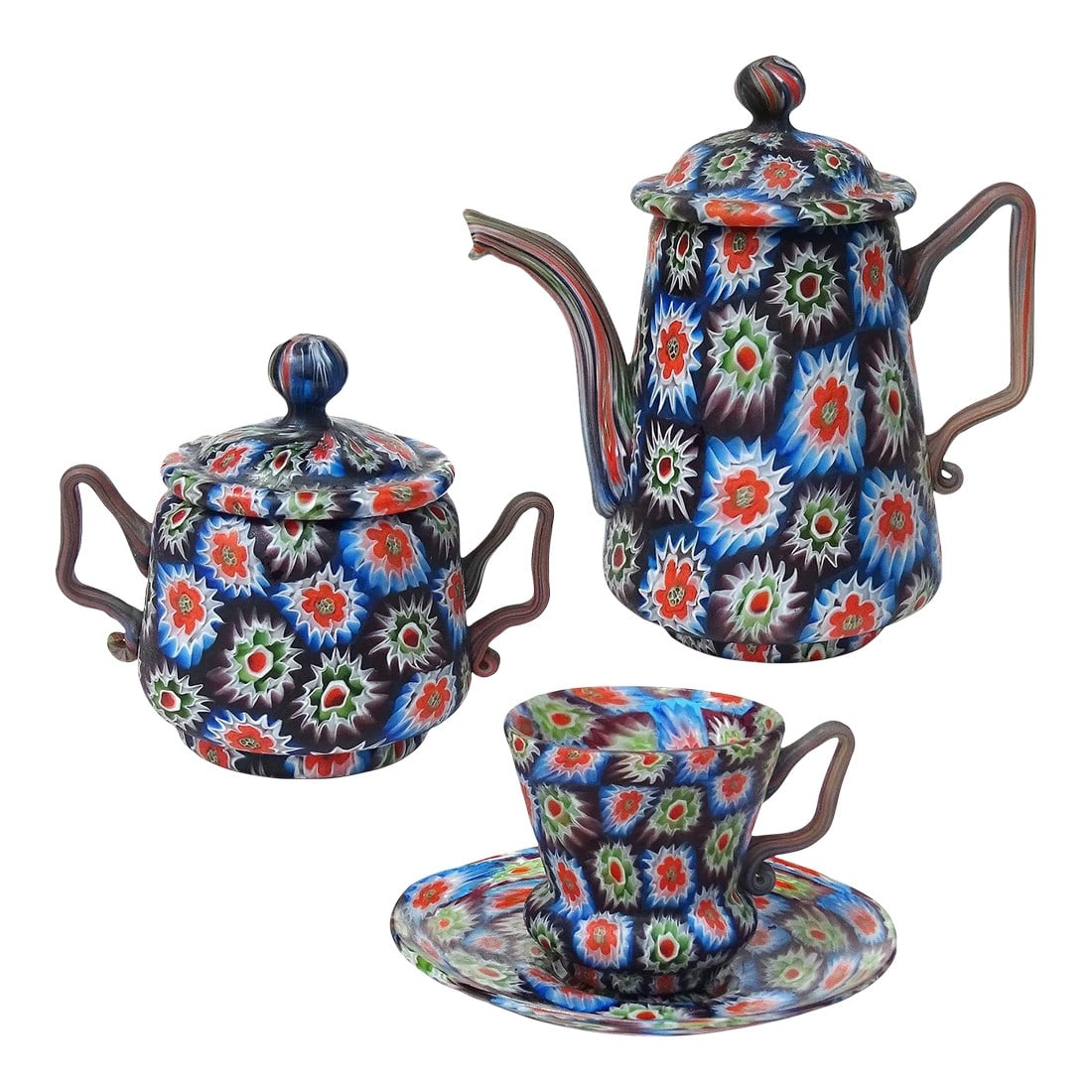 Murano Fratelli Toso Antique Millefiori Flower Mosaic Italian Art Glass Teapot Sugar Bowl Cup Saucer (1 of 6)